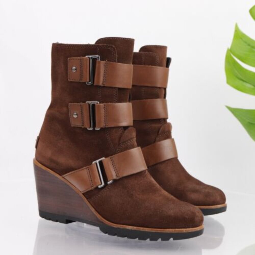 SOREL After Hours Brown Suede Wedge Ankle Bootie SZ US 9 Heeled Boot Lug Sole